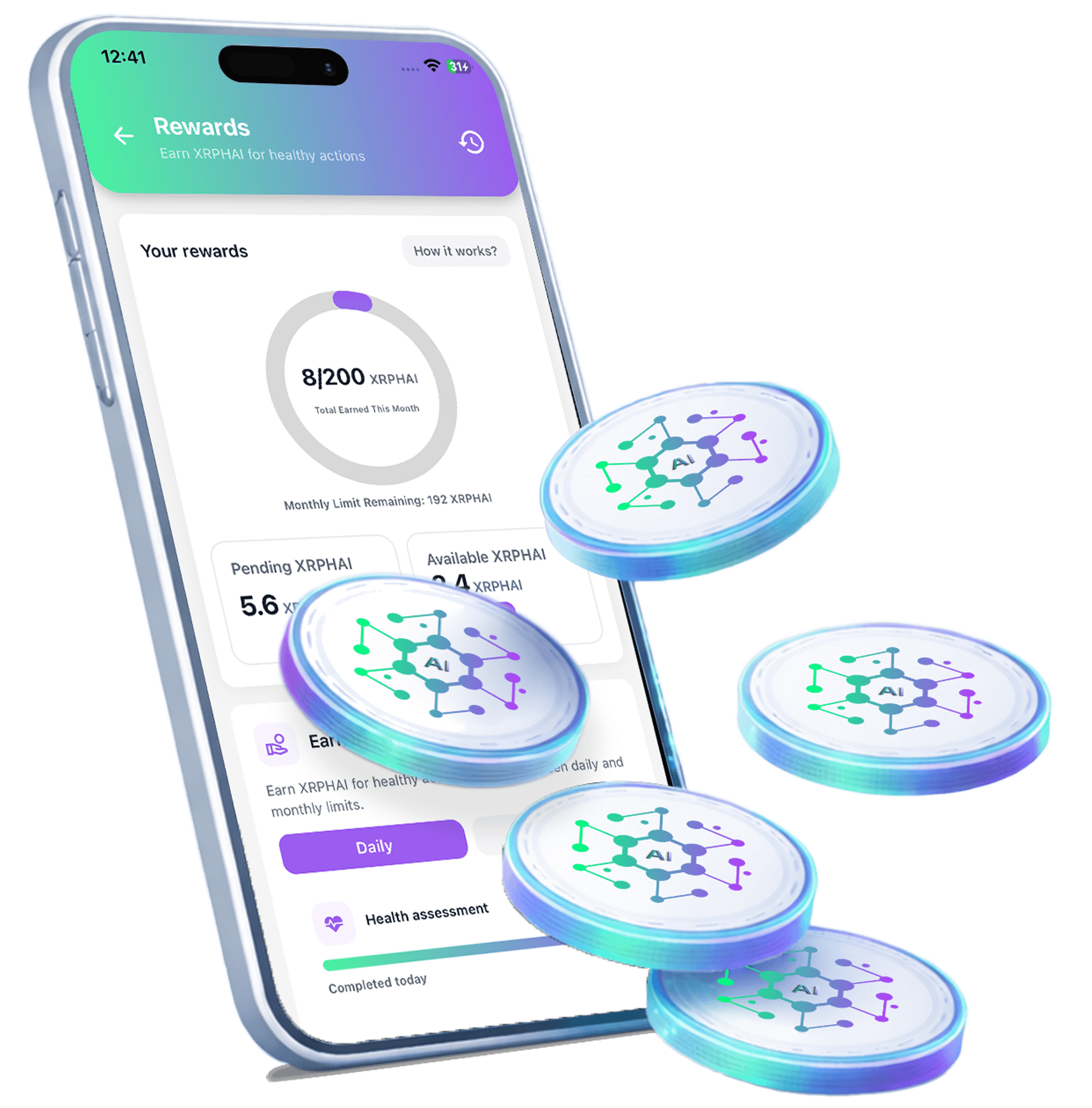 XRPH AI App rewards and healthcare engagement screens